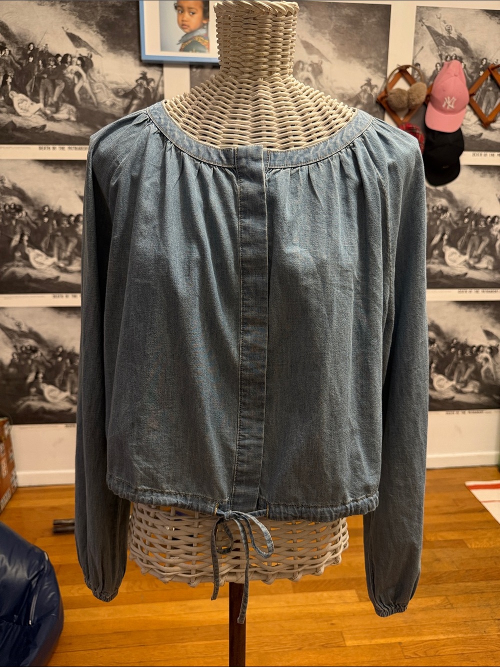 Zara Light Blue Denim Peasant Drawstring Top Gloria Top Size Small NWT